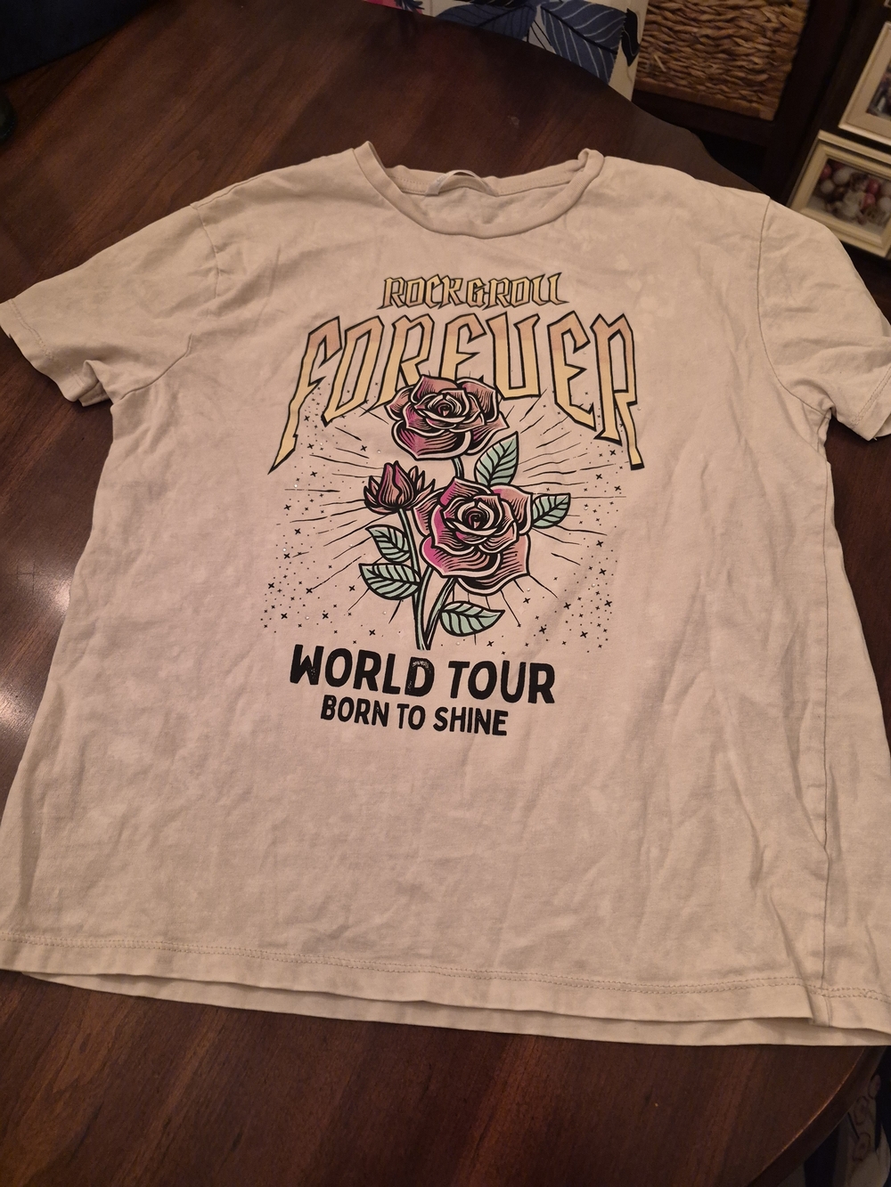 Old Navy Beige Graphic 'Forever' Tour Tee with Pink Rose Print